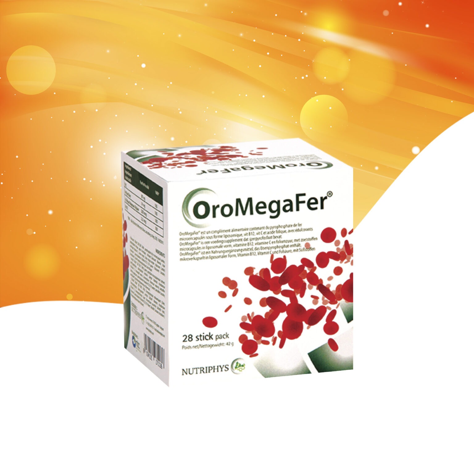 Bouteille d'OroMegaFer®, complément alimentaire fer sans effets secondaires, sur fond blanc avec feuilles vertes.