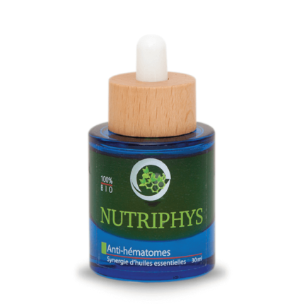 Ampoule Nutriphys d'huile essentielle pour hématome, enrichie en huile d'arnica, montrant clairement son étiquette.